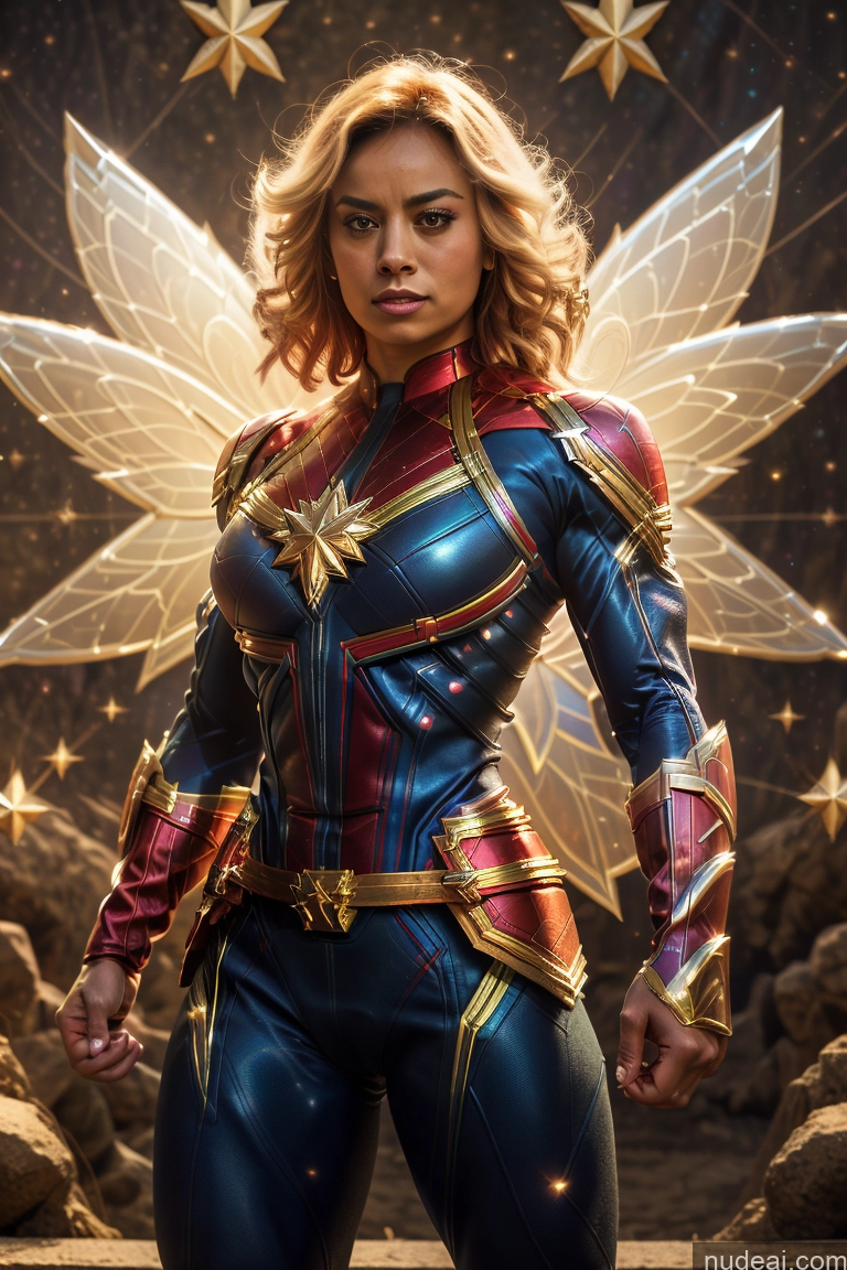 ai nude image of a close up of a woman in a costume with wings pics of Fairy Busty Muscular Abs Bodybuilder Captain Marvel Powering Up Science Fiction Style Space