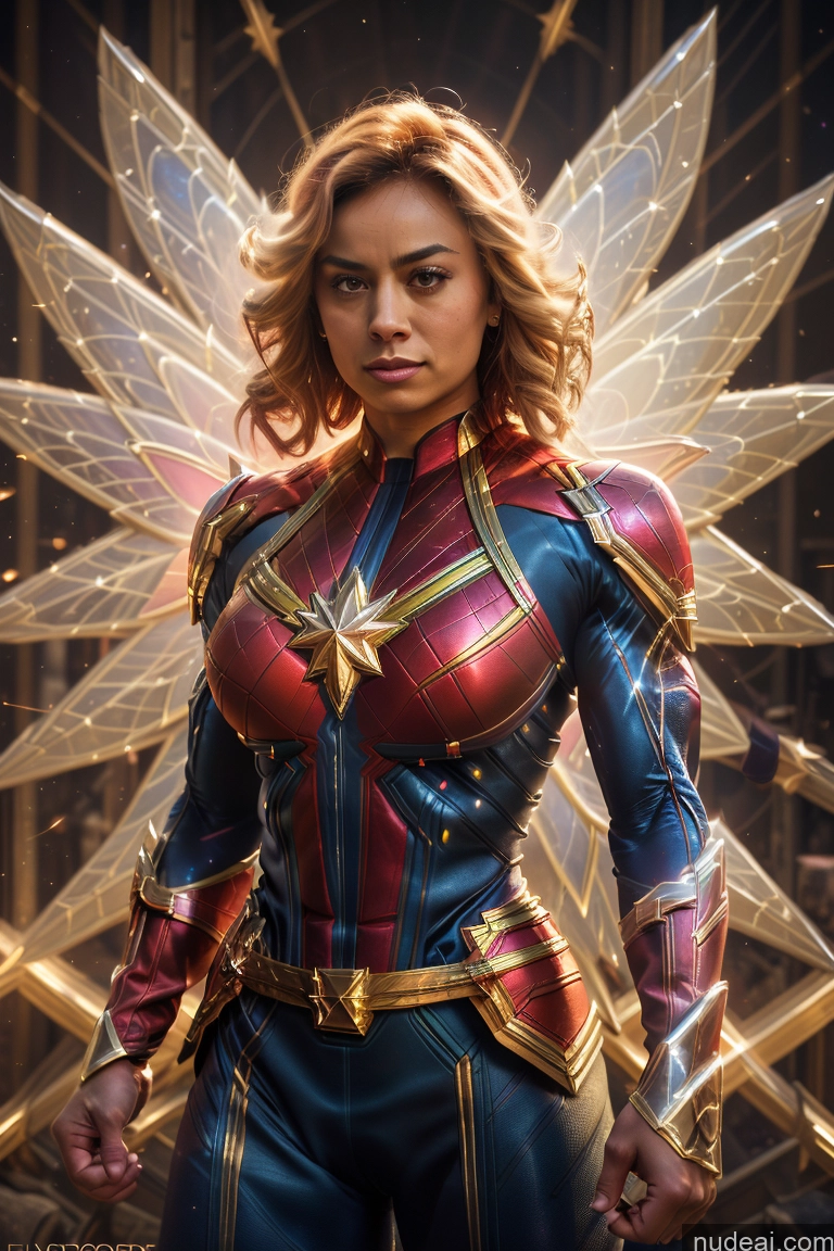 ai nude image of a woman in a costume with wings on her chest pics of Fairy Muscular Abs Bodybuilder Captain Marvel Powering Up Science Fiction Style Huge Boobs Dynamic View Heat Vision