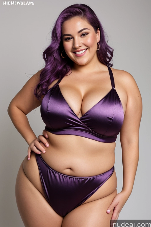 ai nude image of arafed woman in a purple bikini posing for a picture pics of Busty Beautiful Thick Chubby Fat 30s Happy Nude Satin Purple Hair Bikini Hip Hop Alternative Detailed