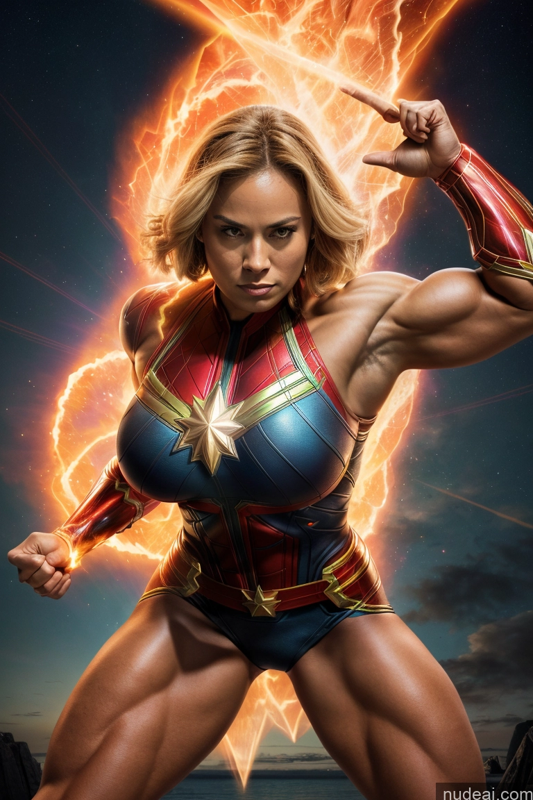 ai nude image of a close up of a woman in a superhero costume posing for a picture pics of Muscular Abs Bodybuilder Captain Marvel Powering Up Science Fiction Style Huge Boobs Dynamic View Heat Vision