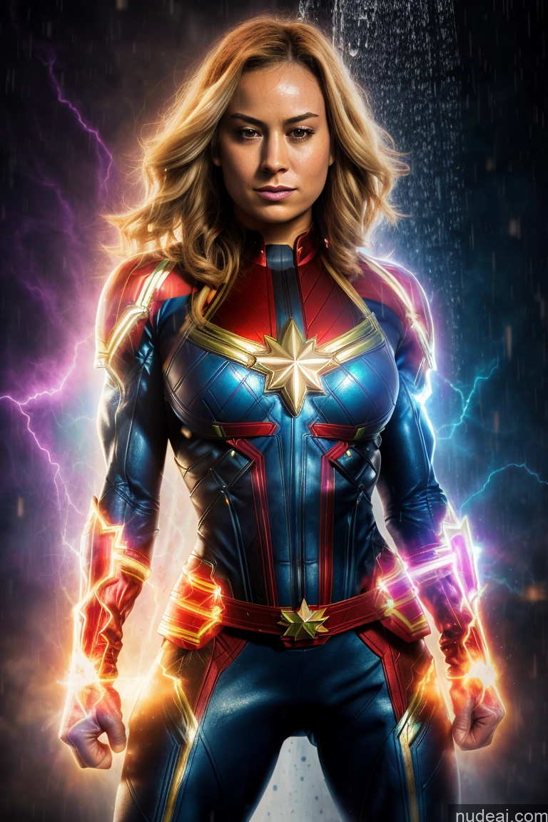 Muscular Abs Captain Marvel Powering Up Science Fiction Style Dynamic View Heat Vision Shower Busty