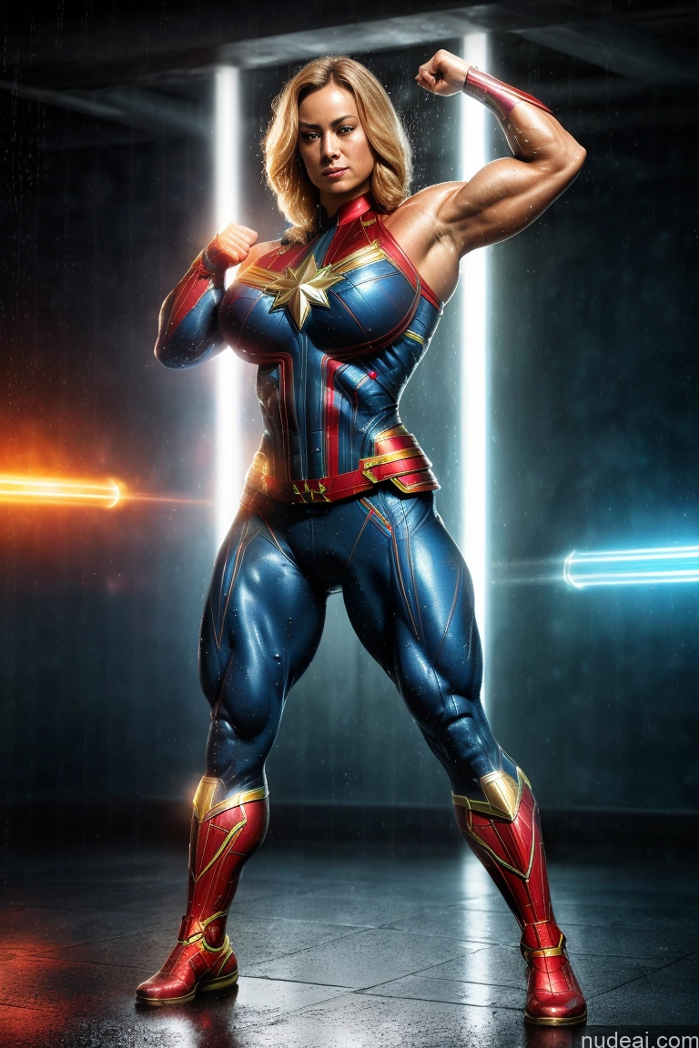 Muscular Abs Bodybuilder Captain Marvel Powering Up Science Fiction Style Huge Boobs Dynamic View Heat Vision Shower