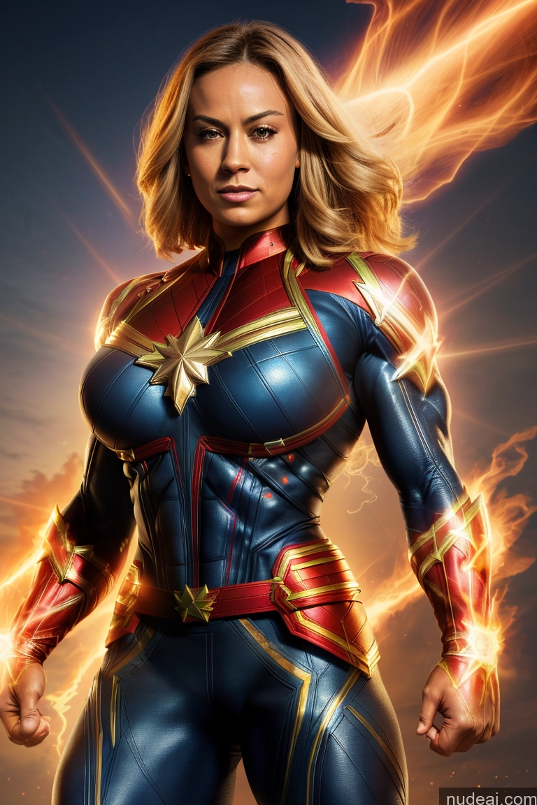 ai nude image of a woman in a captain marvel suit with a fire background pics of Captain Marvel Muscular Abs Squirt Bodybuilder Powering Up Perfect Body Huge Boobs