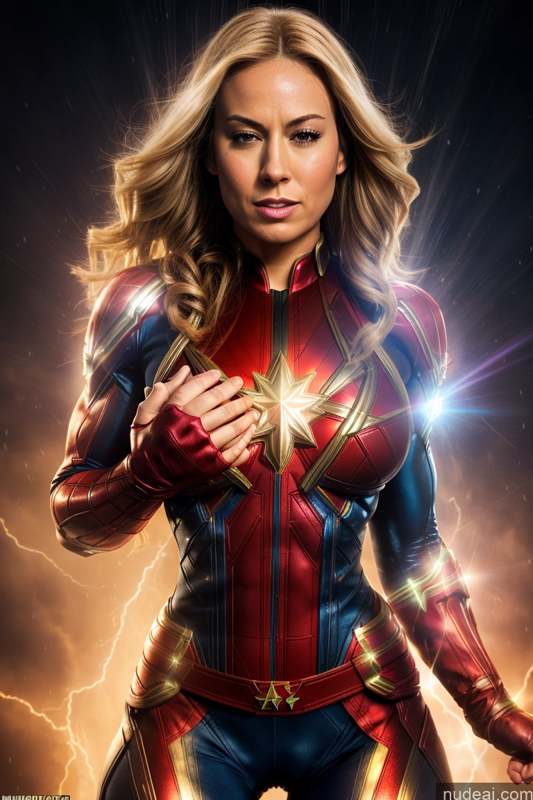 ai nude image of a woman in a captain marvel costume standing in front of lightning pics of Captain Marvel Muscular Abs Squirt Powering Up Perfect Body Orgasm Cumshot Perfect Boobs Busty Superhero Shower