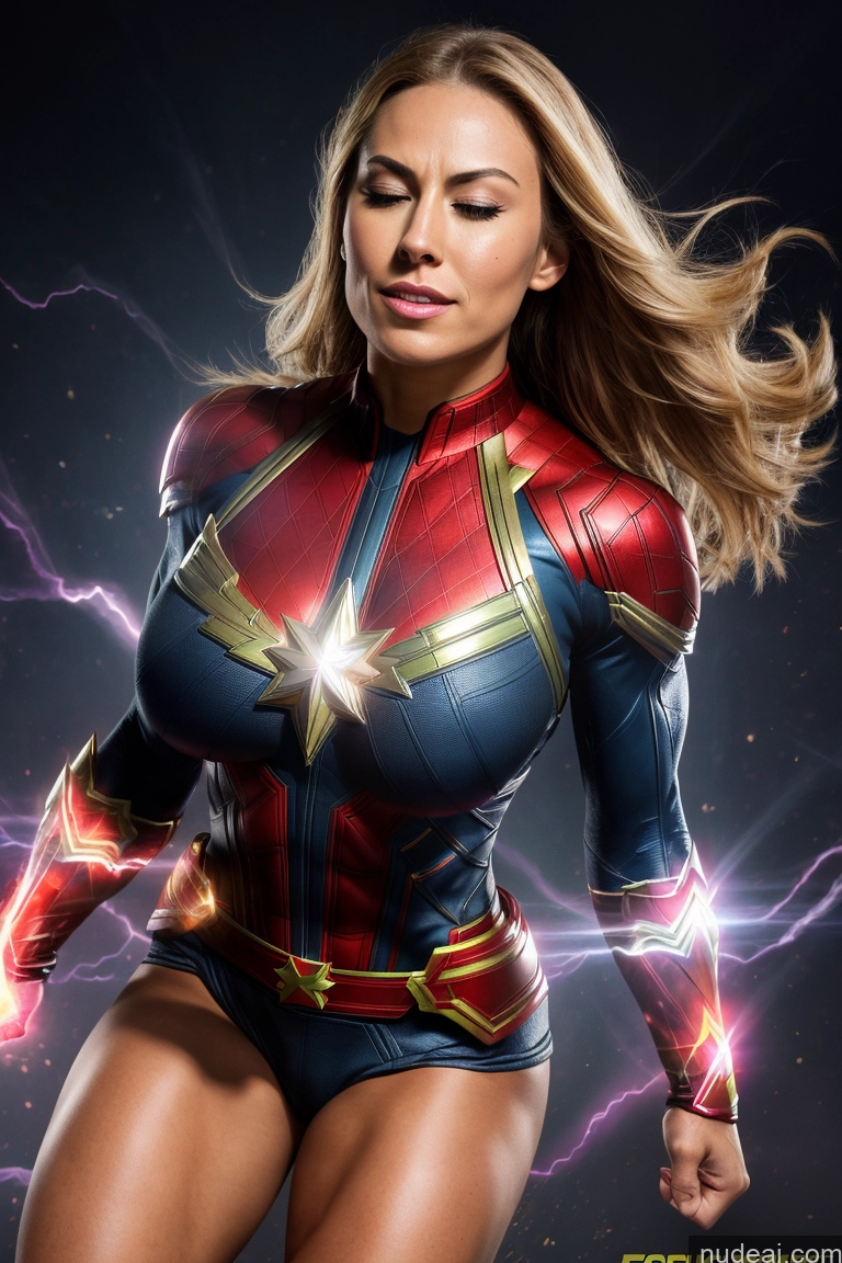 ai nude image of a close up of a woman in a costume with lightning pics of Captain Marvel Muscular Abs Squirt Powering Up Perfect Body Orgasm Cumshot Perfect Boobs Busty Superhero