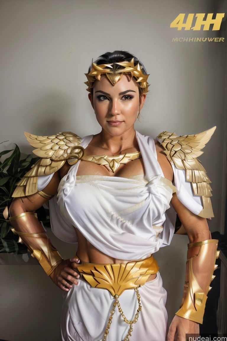 Huge Boobs Muscular Abs Menstoga, White Robes, In White And Gold Costumem, Gold Headpiece, Gold Belt, Gold Chain SuperMecha: A-Mecha Musume A素体机娘 Fairer Skin Superheroine Superhero Super Saiyan 3