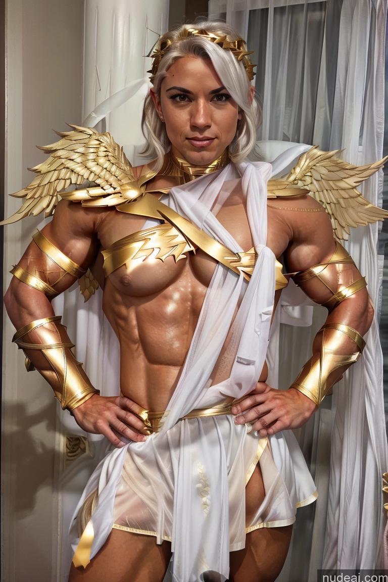 Huge Boobs Muscular Abs Menstoga, White Robes, In White And Gold Costumem, Gold Headpiece, Gold Belt, Gold Chain Fairer Skin Superhero Captain Marvel Bodybuilder Batwoman Hawkgirl Mary Thunderbolt Spider-Gwen Black Cat