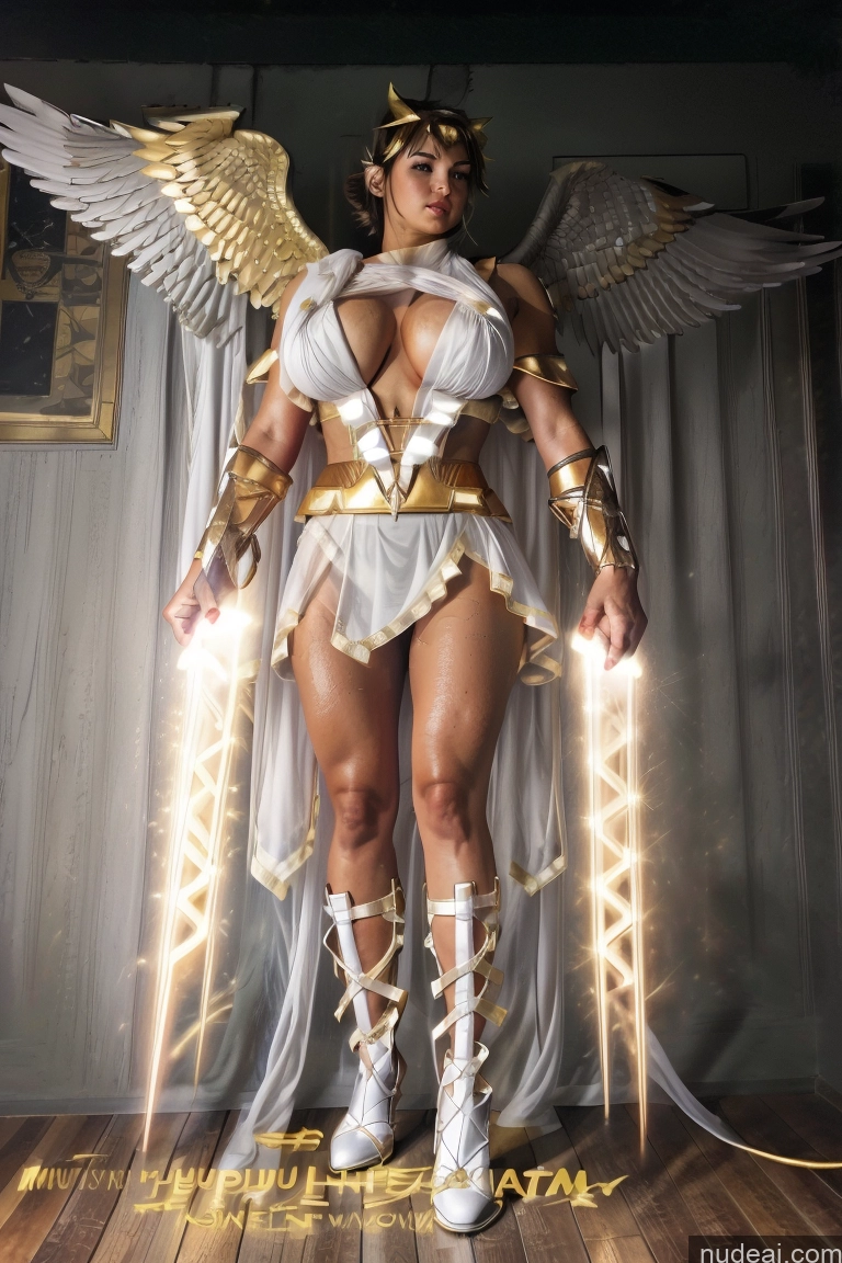 ai nude image of arafed woman dressed in a costume with wings and a sword pics of Muscular Abs Superhero Captain Marvel Batwoman Hawkgirl Mary Thunderbolt Spider-Gwen Busty Powering Up Power Rangers Captain Planet Superheroine SuperMecha: A-Mecha Musume A素体机娘 Menstoga, White Robes, In White And Gold Costumem, Gold Headpiece, Gold Belt, Gold Chain Huge Boobs Perfect Boobs Science Fiction Style Dynamic View Heat Vision Shower Neon Lights Clothes: Red Neon Lights Clothes: Orange