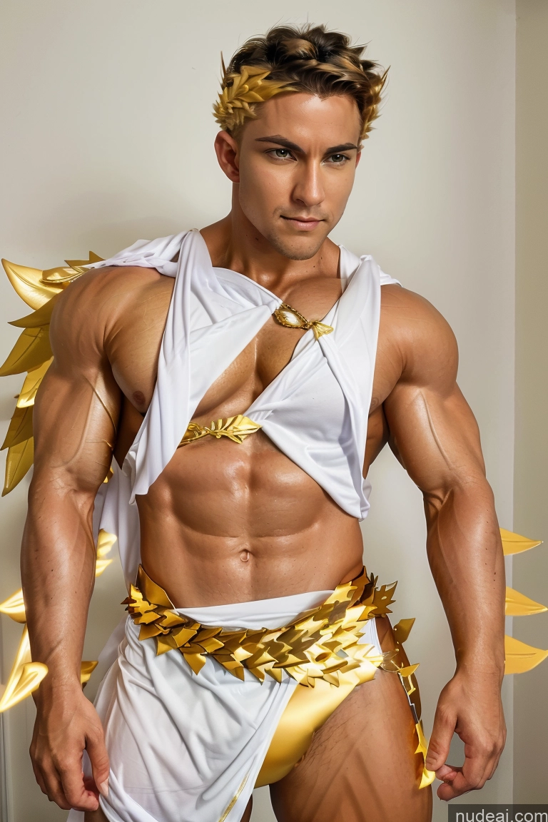 ai nude image of arafed man in a white and gold costume posing for a picture pics of Woman Busty Perfect Boobs Muscular Abs Super Saiyan Menstoga, White Robes, In White And Gold Costumem, Gold Headpiece, Gold Belt, Gold Chain Powering Up