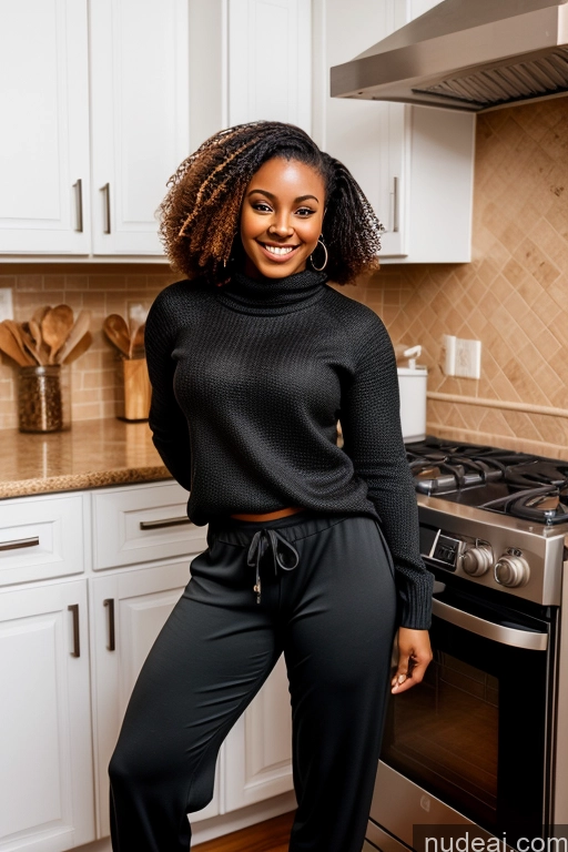 ai nude image of smiling woman in black top and pants standing in kitchen with stove pics of Muscular Thick Kitchen 18 African Sweater Harem Pants