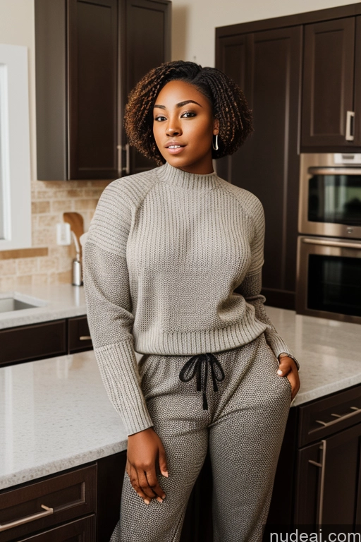 ai nude image of there is a woman standing in a kitchen with a stove pics of Muscular Thick Kitchen 18 African Sweater Harem Pants Big Hips Big Ass Short Hair