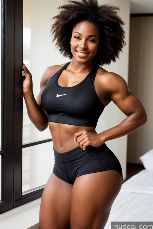 ai nude image of there is a woman in a black sports bra top posing by a window pics of Muscular Thick 18 African Big Hips Big Ass Short Shorts Sports Bra Spreading Legs