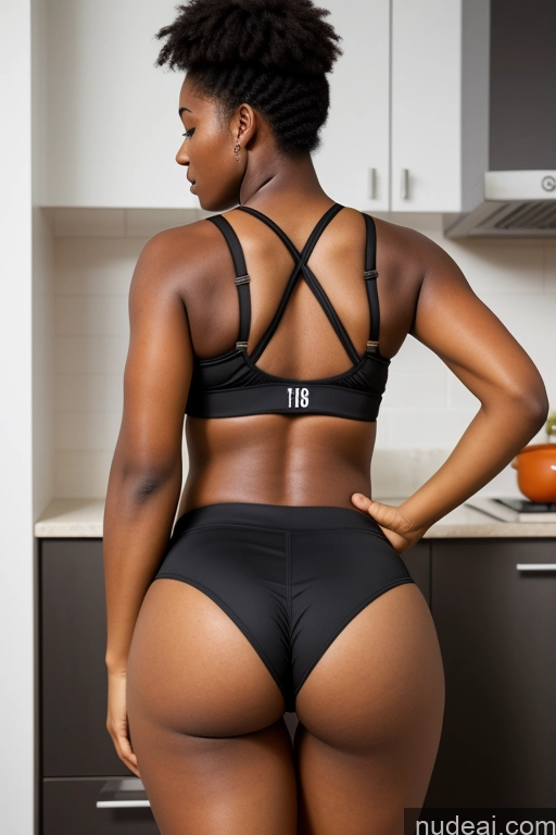 ai nude image of there is a woman in a black bikini and panties standing in a kitchen pics of 18 African Big Hips Big Ass Short Shorts Sports Bra Kitchen Back View Bending Over Athlete