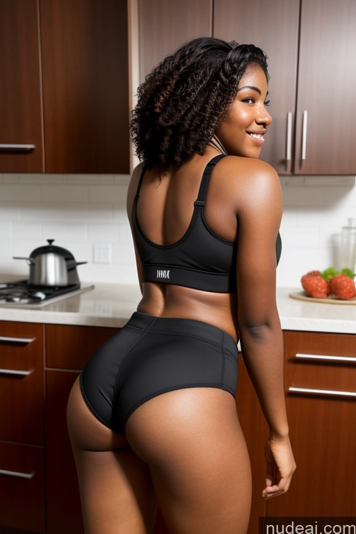 ai nude image of there is a woman in a black underwear and a black bra pics of 18 African Big Hips Big Ass Short Shorts Sports Bra Kitchen Back View Athlete Spreading Legs