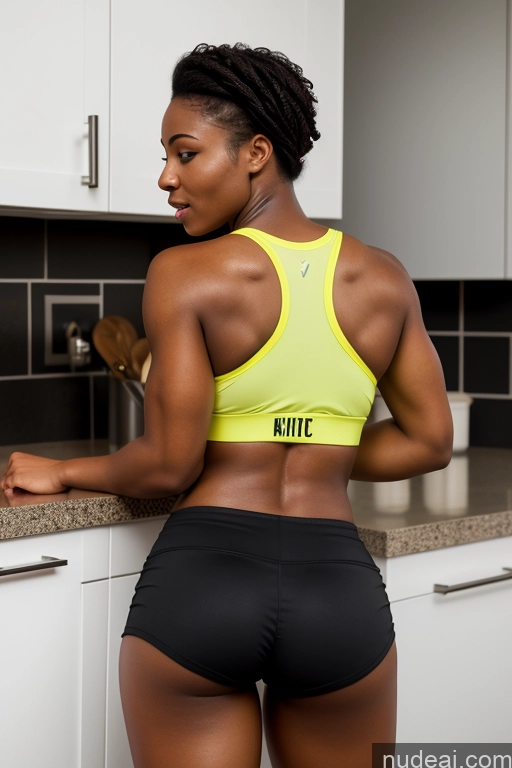 ai nude image of there is a woman in a yellow top and black shorts pics of 18 African Big Hips Big Ass Short Shorts Sports Bra Back View Bending Over Muscular Kitchen