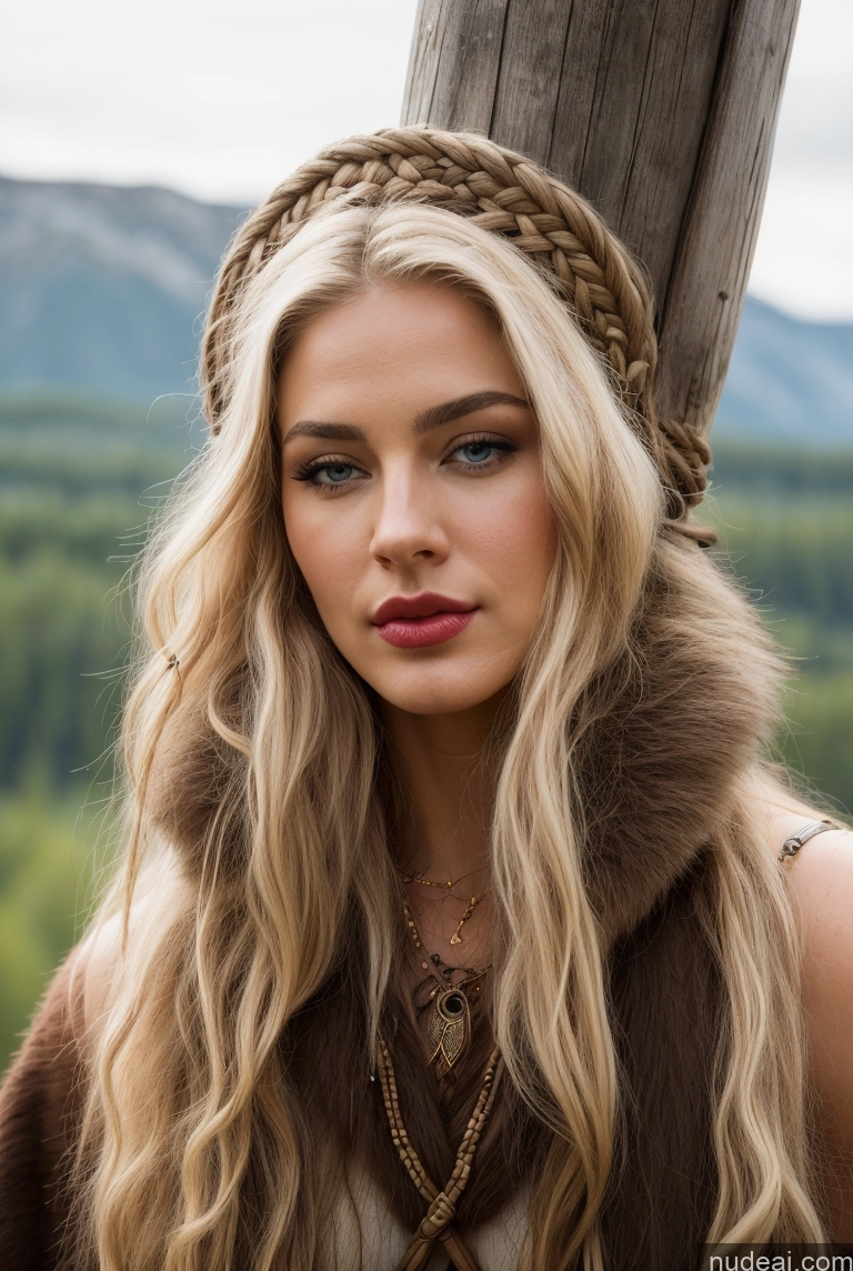 ai nude image of arafed woman with long blonde hair and a braided headband pics of Woman One Small Tits Beautiful Lipstick 40s Pouting Lips Seductive Medieval Tribal Tunic Viking Jewelry Gold Jewelry Detailed Front View Scandinavian