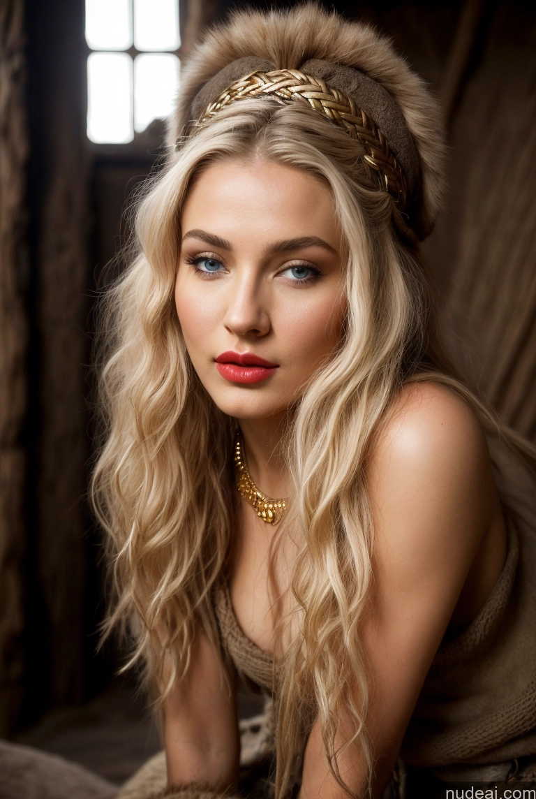 ai nude image of blond woman with a headband and a fur collar posing for a picture pics of Woman One Small Tits Beautiful Lipstick 40s Pouting Lips Seductive Medieval Tribal Tunic Viking Jewelry Gold Jewelry Detailed Front View Scandinavian