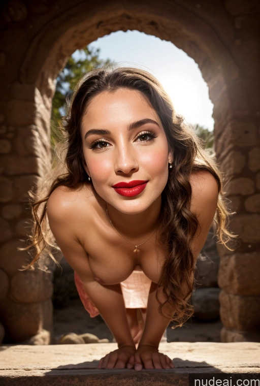 ai nude image of arafed woman with red lipstick posing in a stone archway pics of Woman One Small Tits Lipstick Beautiful Perfect Body 40s Pouting Lips Happy Front View Dress Traditional Tribal Medieval Bright Lighting Detailed Topless Transparent Spanish