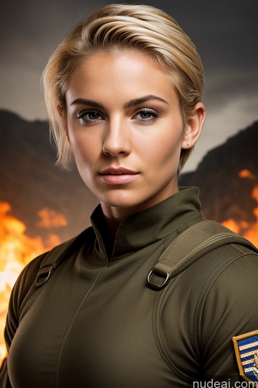 ai nude image of blond woman in military uniform standing in front of a fire pics of 18 Blonde French Medieval Pixie Muscular Thick Serious Hell Military