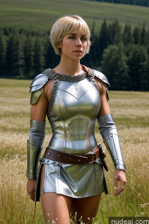 ai nude image of blond woman in a silver armor outfit walking through a field pics of 18 Medieval Muscular Thick Meadow Blonde Short Hair Fantasy Armor