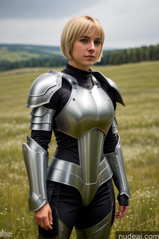 ai nude image of blond woman in armor standing in a field of grass pics of 18 Meadow Blonde Short Hair Muscular Thick Fantasy Armor Sci-fi Armor Mech Suit Medieval