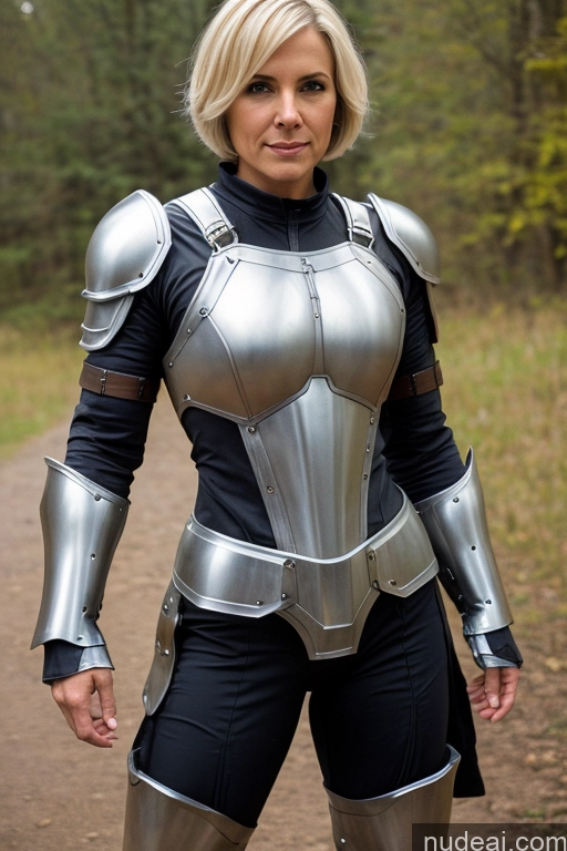 ai nude image of blond woman in armor posing for a picture in a wooded area pics of Blonde Muscular Thick Fantasy Armor Sci-fi Armor Mech Suit Medieval Short Hair 60s