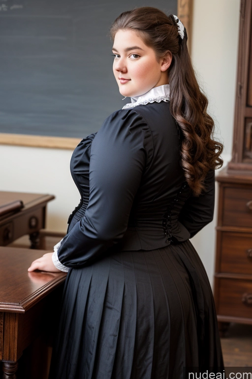 ai nude image of there is a woman in a black dress standing at a desk pics of Chubby Victorian Teacher Back View Big Ass 18