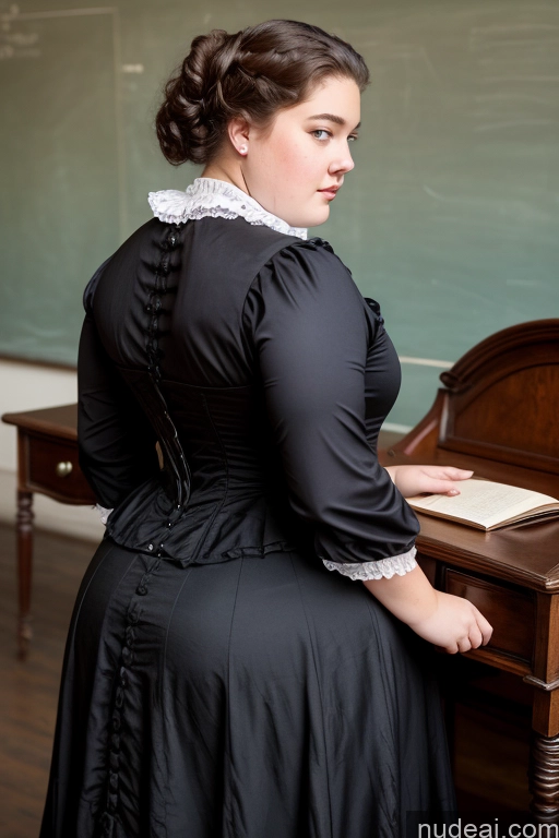 ai nude image of there is a woman in a black dress sitting at a desk pics of Chubby Victorian Teacher Back View Big Ass 18