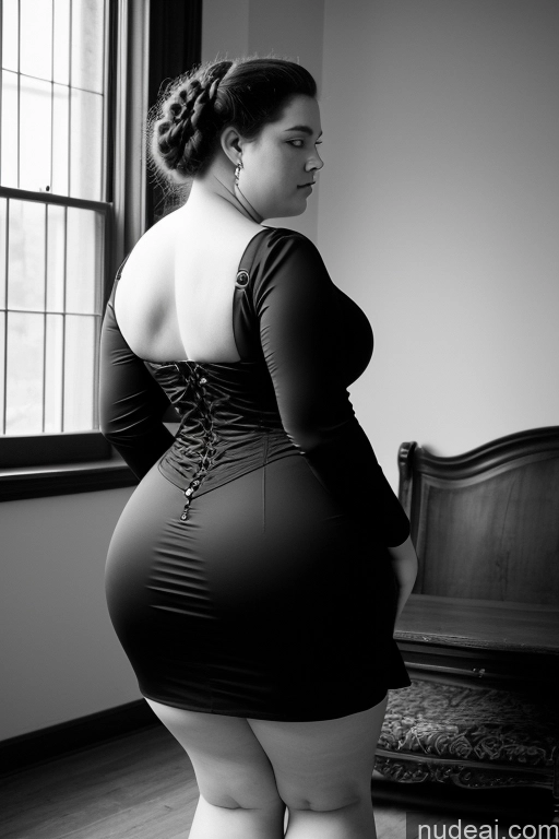 ai nude image of araffe woman in a black dress standing in front of a window pics of 18 Chubby Big Ass Big Hips Dress Back View Black And White Victorian Bending Over