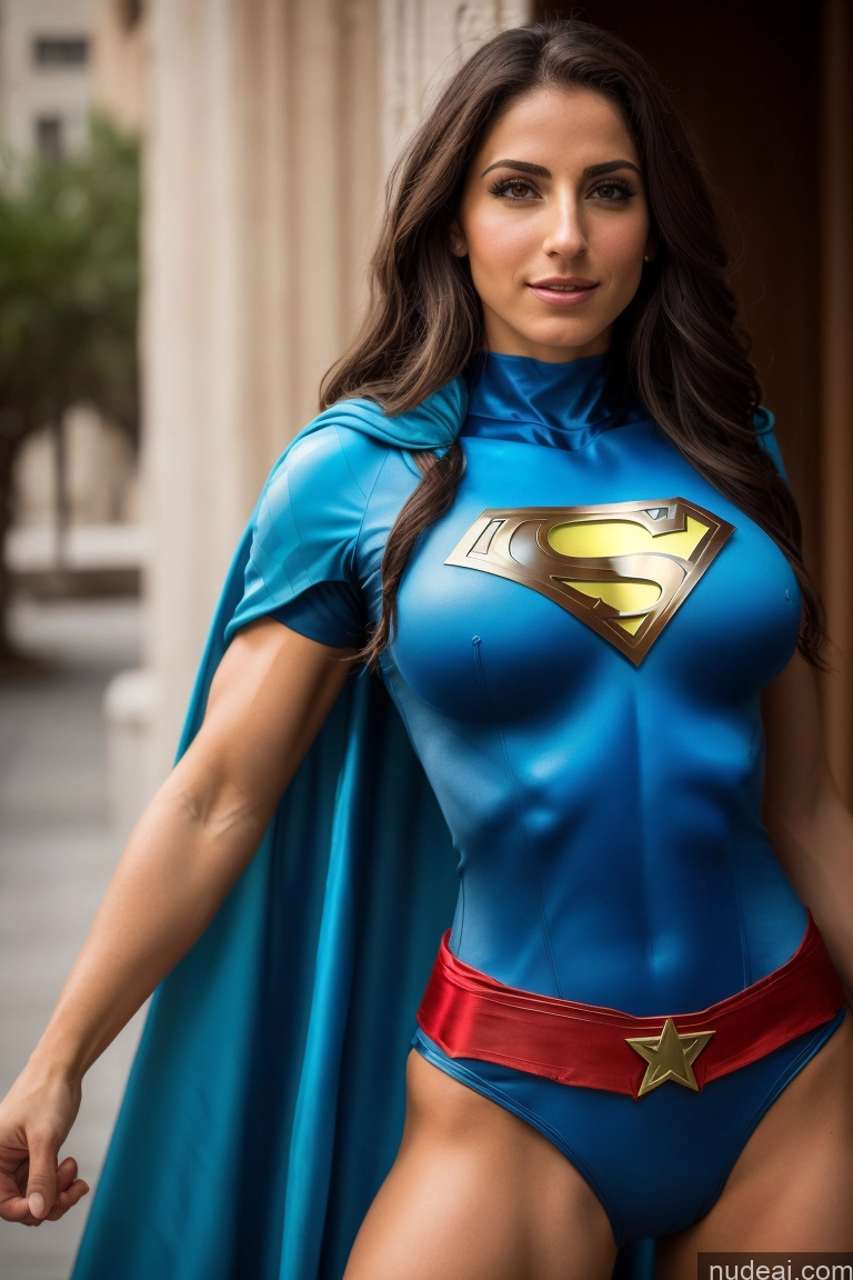 ai nude image of araffe woman in a blue superman costume posing for a picture pics of Israel Jewish Superhero Abs Front View Muscular Busty Small Tits