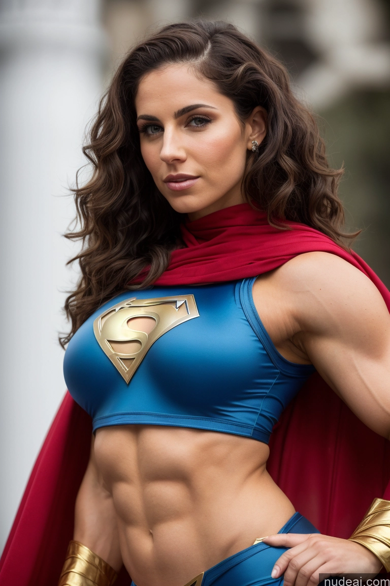 ai nude image of arafed woman in a superman costume posing for a picture pics of Israel Jewish Superhero Abs Front View Busty Small Tits Bodybuilder Fairer Skin Brunette Wavy Hair Regal