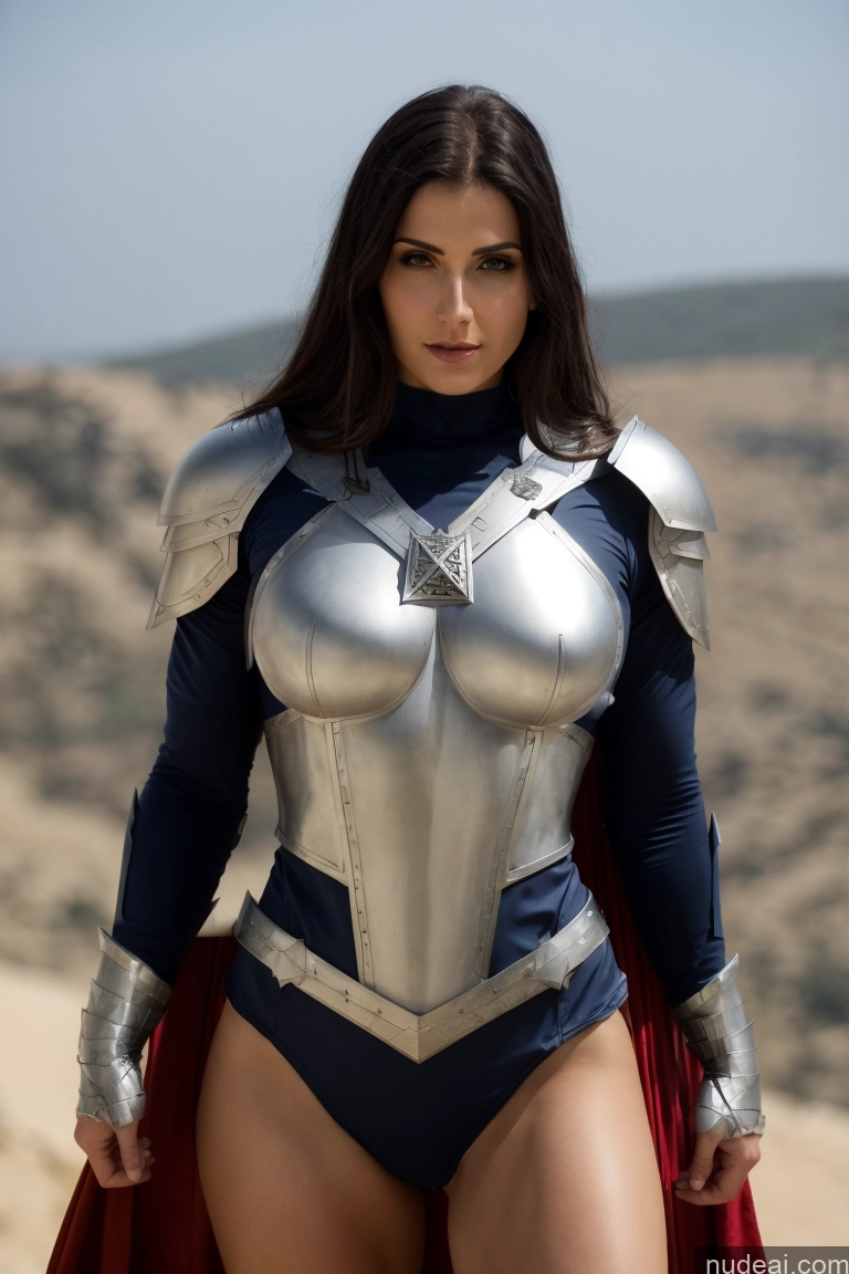 ai nude image of arafed woman in a silver and blue costume posing for a picture pics of Israel Jewish Front View Busty Small Tits Fairer Skin Black Hair Muscular Abs Superhero Knight Fantasy Armor