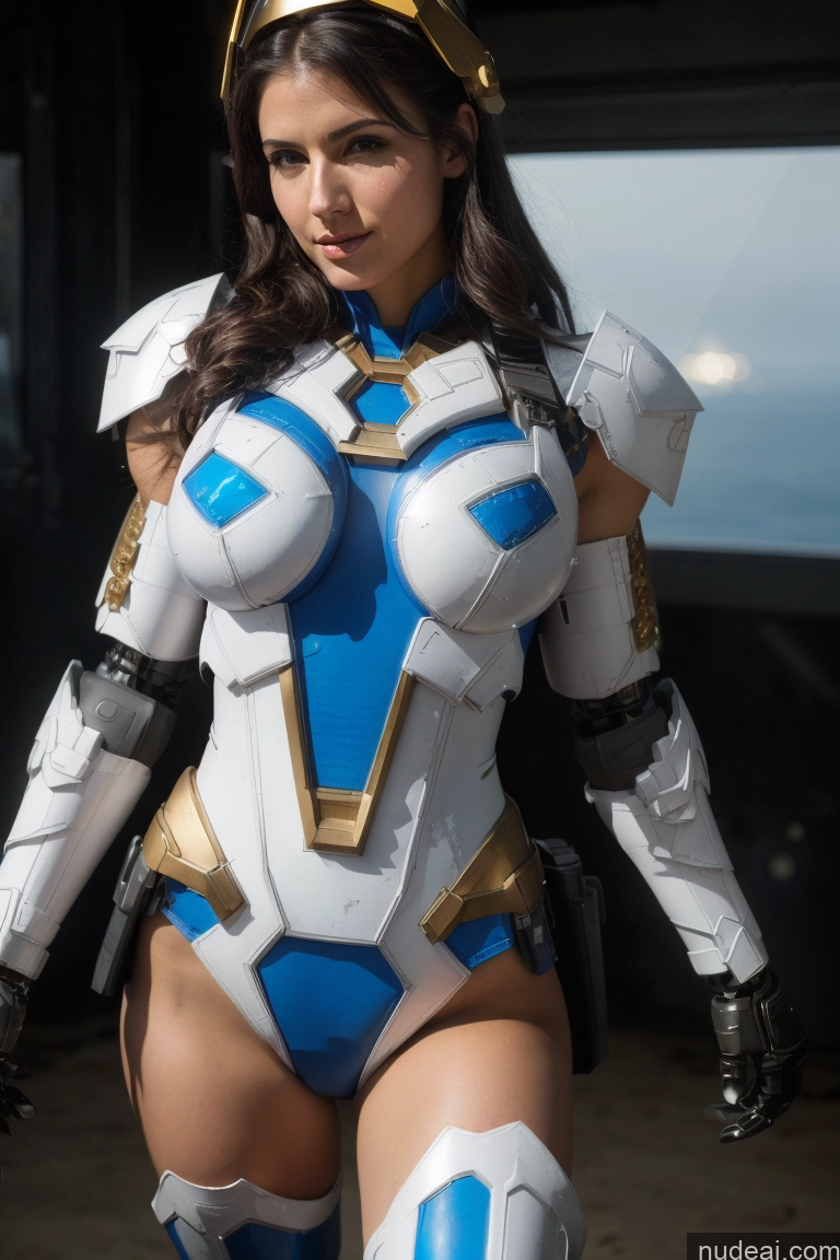 ai nude image of araffe dressed in a white and blue costume with a gold crown pics of Israel Jewish Front View Busty Small Tits Fairer Skin Black Hair Muscular Abs Superhero SuperMecha: A-Mecha Musume A素体机娘