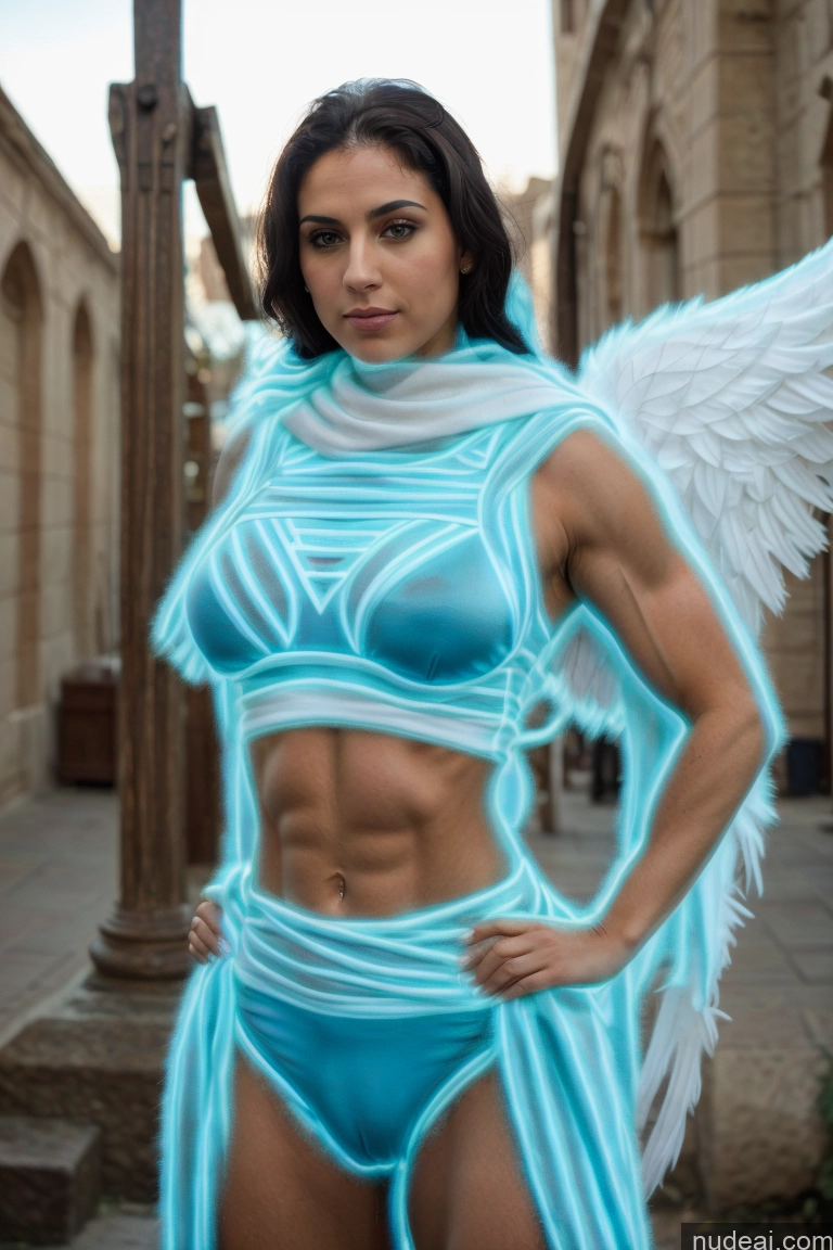 ai nude image of there is a woman in a blue outfit with angel wings pics of Israel Jewish Front View Busty Small Tits Fairer Skin Black Hair Muscular Abs Superhero Has Wings Neon Lights Clothes: Blue Regal Bodybuilder