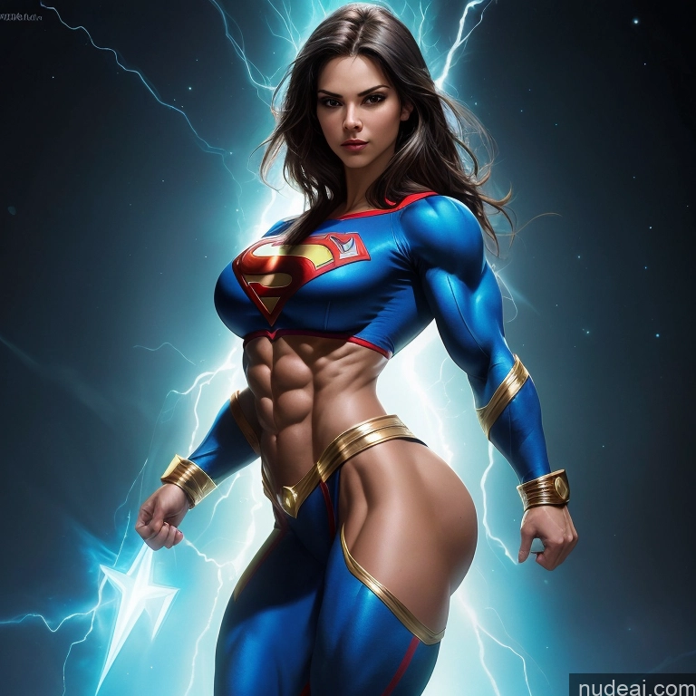 ai nude image of a close up of a woman in a superman costume posing pics of Superheroine Busty Small Tits Muscular Abs Superhero Front View Powering Up