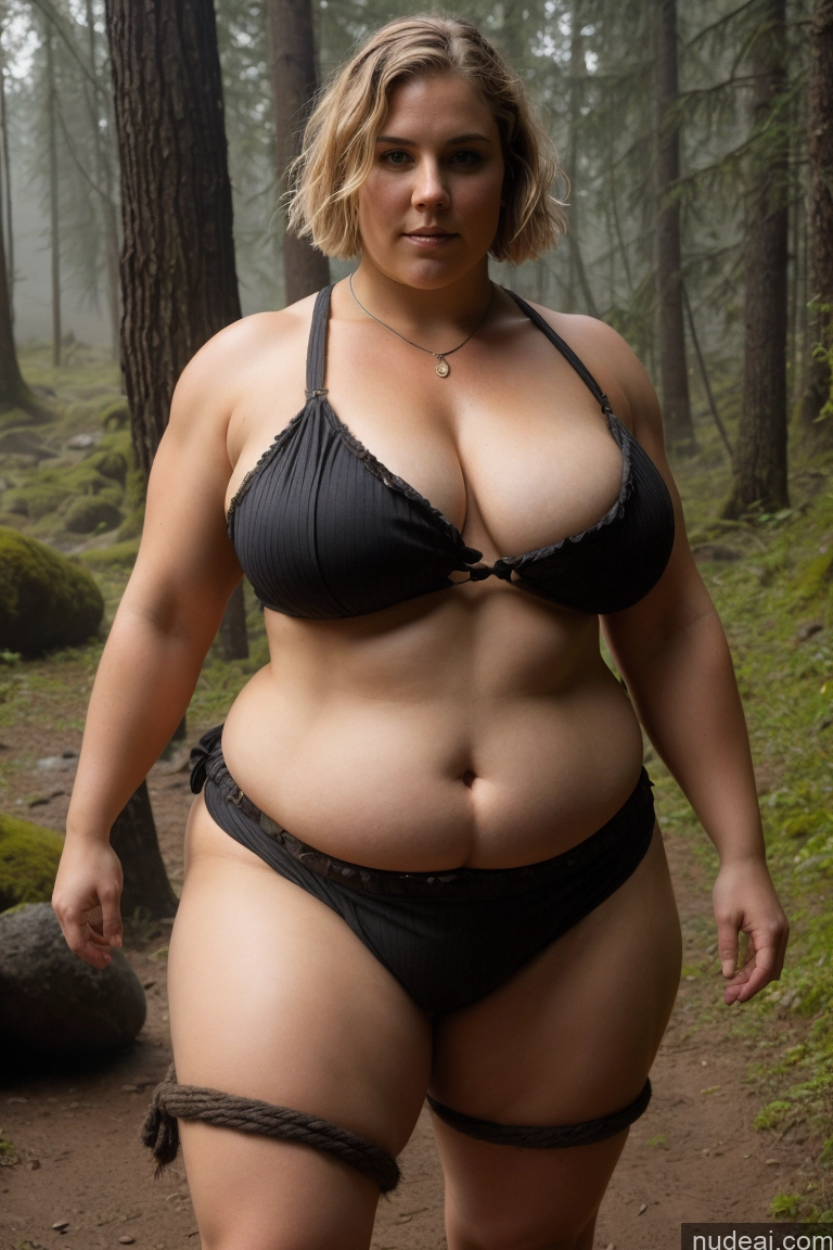 ai nude image of araffe woman in a black bikini and a black thongie walking in the woods pics of Big Hips Thick Pubic Hair Busty Cyberpunk Viking Tribal Victorian Muscular Woman Short Hair Fat Abs Swedish