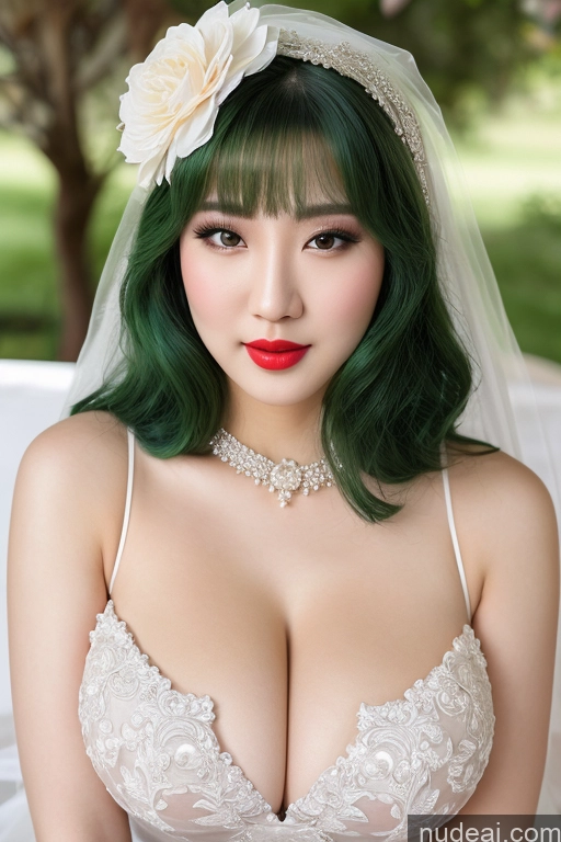 ai nude image of arafed asian woman with green hair and a white veil pics of Korean Beautiful Lipstick Huge Boobs Fairer Skin Slicked Sexy Face Seductive Front View Wedding Nightgown Transparent Green Hair Pearl Jewelry