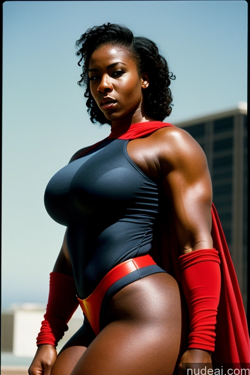 ai nude image of arafed woman in a black and red costume posing for a picture pics of Muscular Thick Superhero Vintage African Huge Boobs Big Hips Big Ass