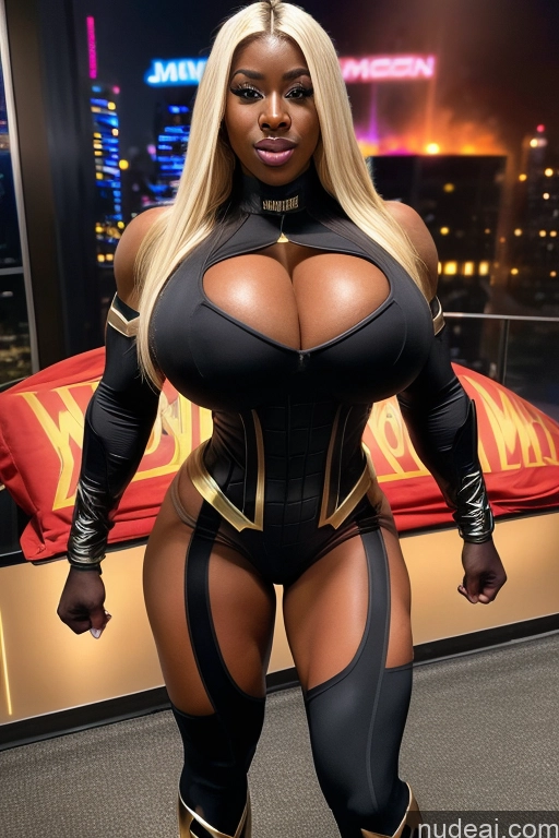 ai nude image of araffe woman in a black and gold costume posing for a picture pics of Bimbo Superhero Muscular Thick Huge Boobs Dark Skin