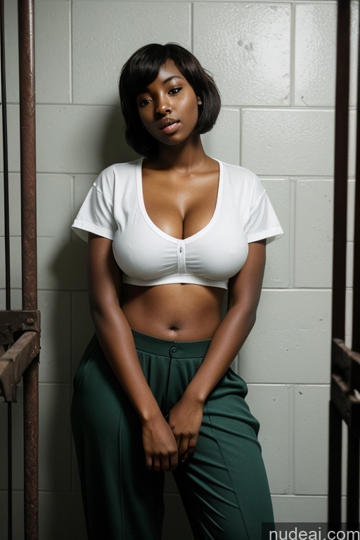 ai nude image of there is a woman in a white shirt and green pants pics of 18 African 80s Vintage Prison Short Hair Harem Pants Shirt Huge Boobs