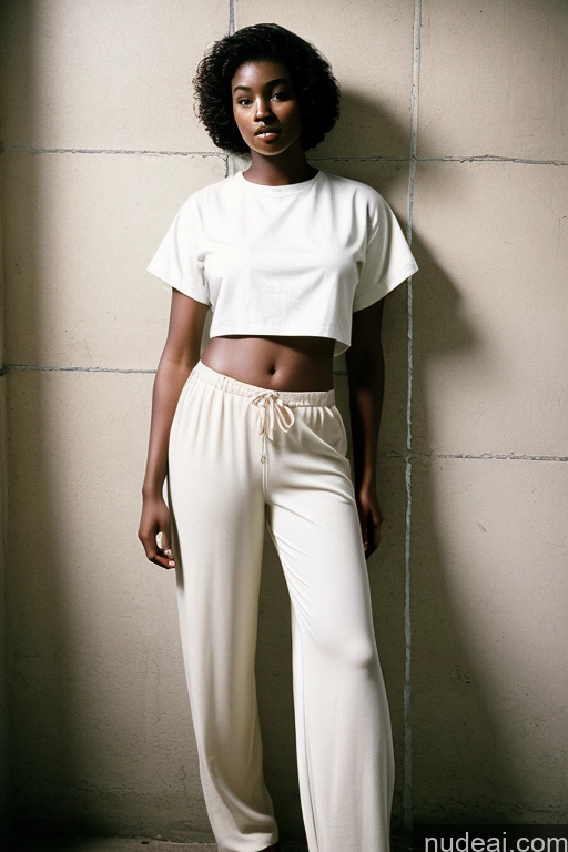 ai nude image of there is a woman standing against a wall wearing a white top and pants pics of 18 African 80s Vintage Prison Short Hair Harem Pants Shirt Huge Boobs