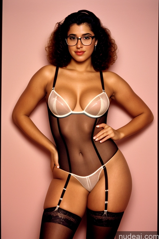 ai nude image of araffe woman in a black and white lingerie posing for a picture pics of 18 French Big Ass Big Hips Transparent Pubic Hair Busty Glasses Lingerie Stockings 80s Vintage