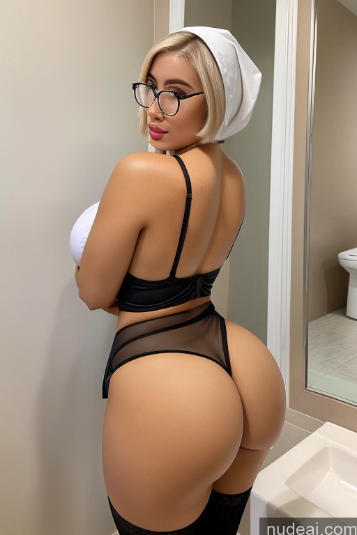 ai nude image of araffe in a black and white lingersuit and glasses is posing in a bathroom pics of One Busty Huge Boobs Glasses Lipstick Thick Big Ass Big Hips 18 Sexy Face Blonde Short Hair German Bathroom Nun Mirror Selfie Bimbo