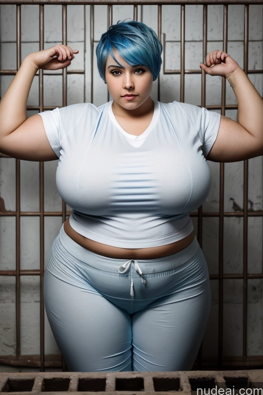 ai nude image of arafed woman with blue hair posing in jail cell pics of Prison Harem Pants Shirt Pixie Blue Hair Huge Boobs Fat