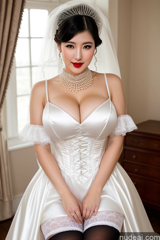 ai nude image of araffed woman in a wedding dress sitting on a bed pics of Korean Beautiful Lipstick Huge Boobs Fairer Skin Slicked Sexy Face Seductive Front View Wedding Victorian Stockings Black Hair Transparent Pearl Jewelry