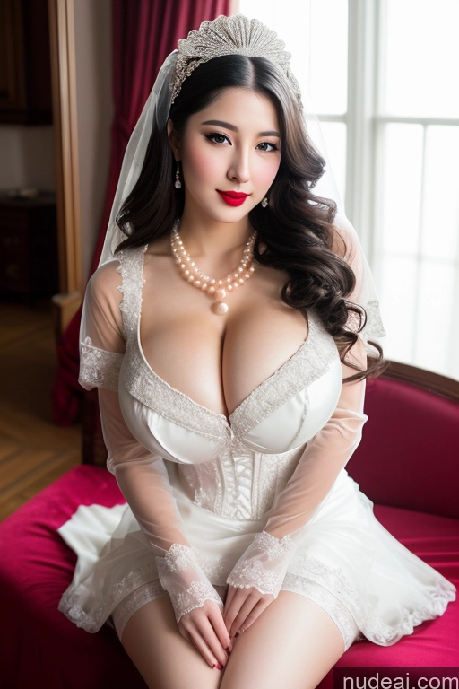 ai nude image of araffed woman in a wedding dress sitting on a red couch pics of Korean Beautiful Lipstick Huge Boobs Fairer Skin Slicked Sexy Face Seductive Front View Wedding Victorian Stockings Black Hair Transparent Pearl Jewelry