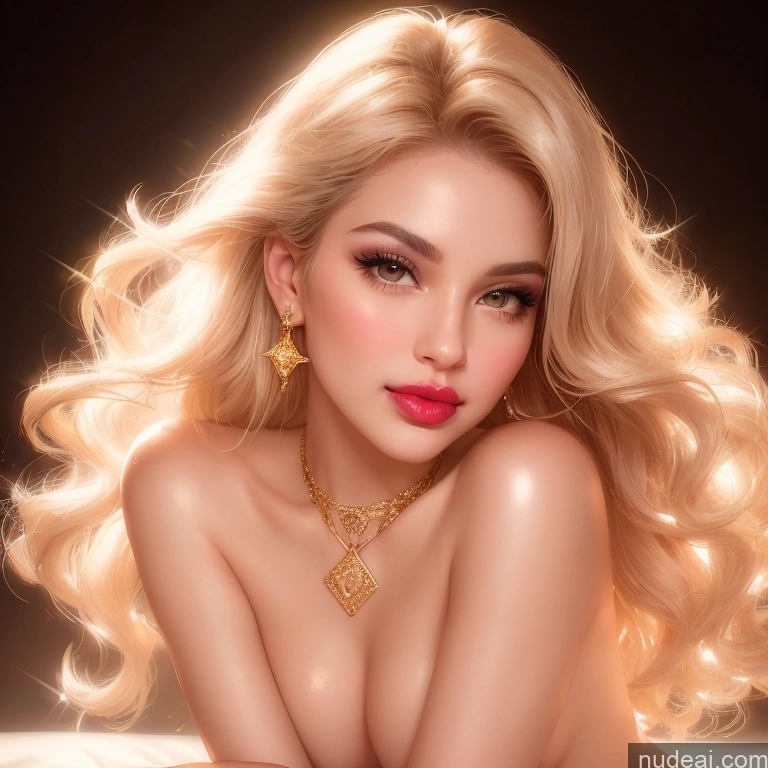 ai nude image of blond woman with long hair and jewelry laying on a bed pics of Woman One Small Tits Beautiful Lipstick Long Legs Perfect Body Fairer Skin Pubic Hair 40s Happy Pouting Lips Sexy Face Front View Jewelry Gold Jewelry Bright Lighting Detailed