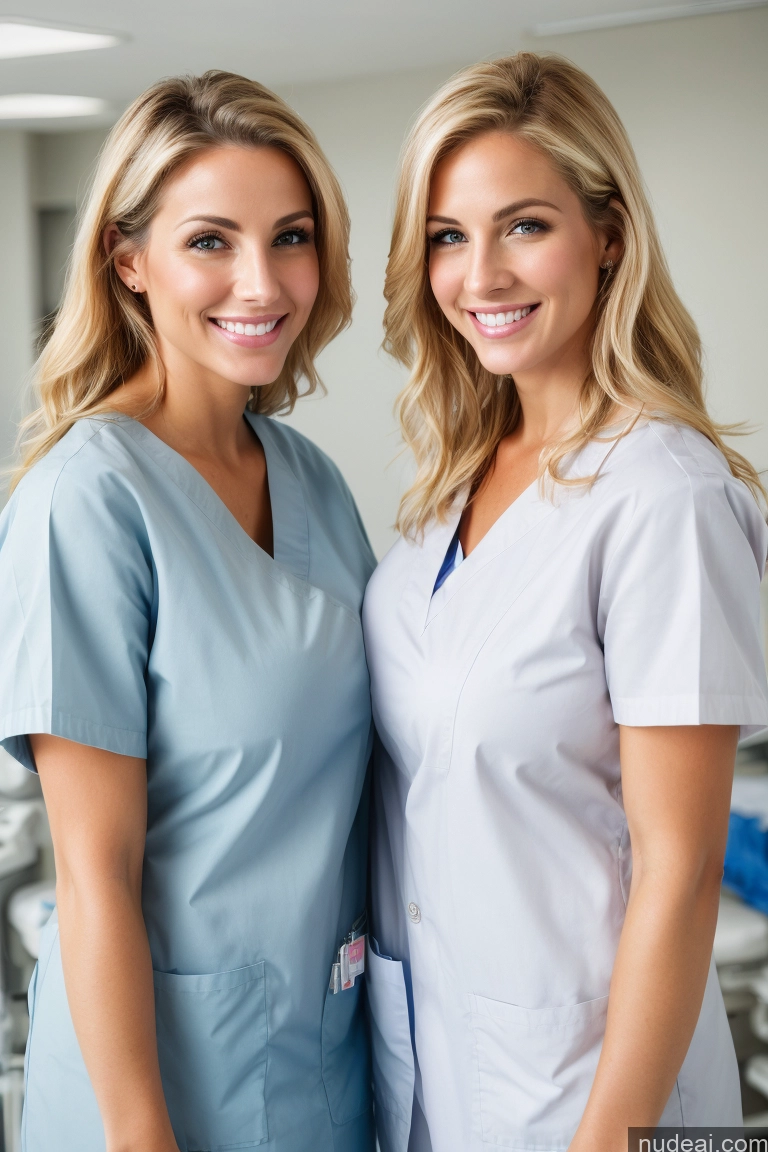 ai nude image of two women in scrub suits posing for a picture in a hospital pics of Two Huge Boobs Perfect Body Straight Happy 30s Blonde Front View Nurse Hospital