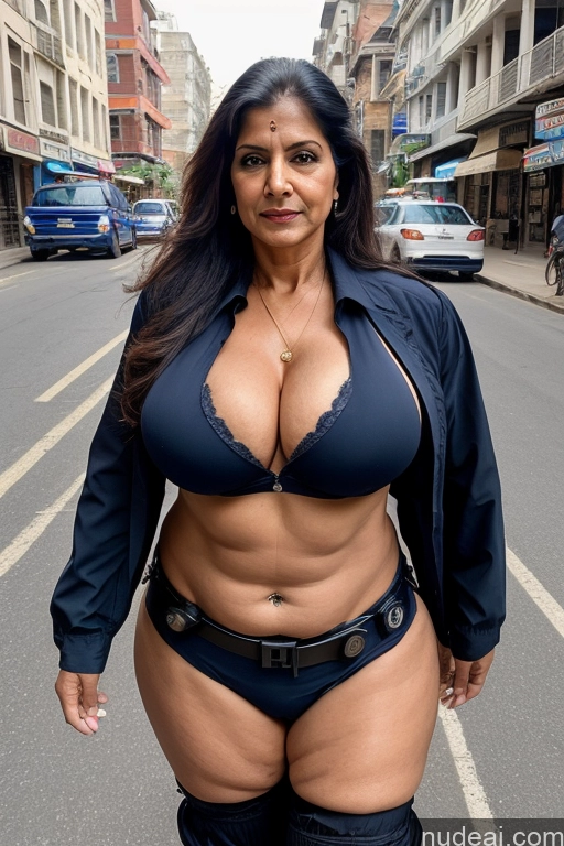 ai nude image of araffe woman in a black bikini and black boots posing for a picture pics of Milf Busty Big Ass Long Hair Indian Cleavage 70s Police Street