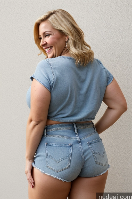 ai nude image of araffed woman in a denim shirt and shorts posing for a picture pics of Busty Big Ass Blonde White Fat One Happy Milf Back View 40s Daisy Dukes